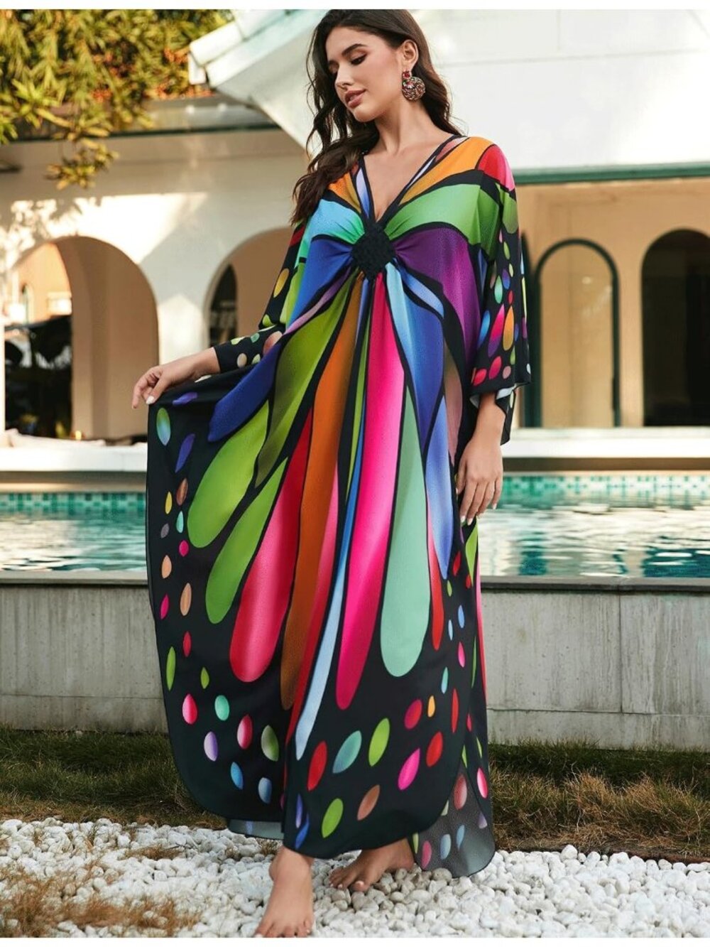Women's Plus Size Kaftan Maxi Dress Batwing Sleeve Beach Cover Up-8759-color 15 - Picture 3 of 6